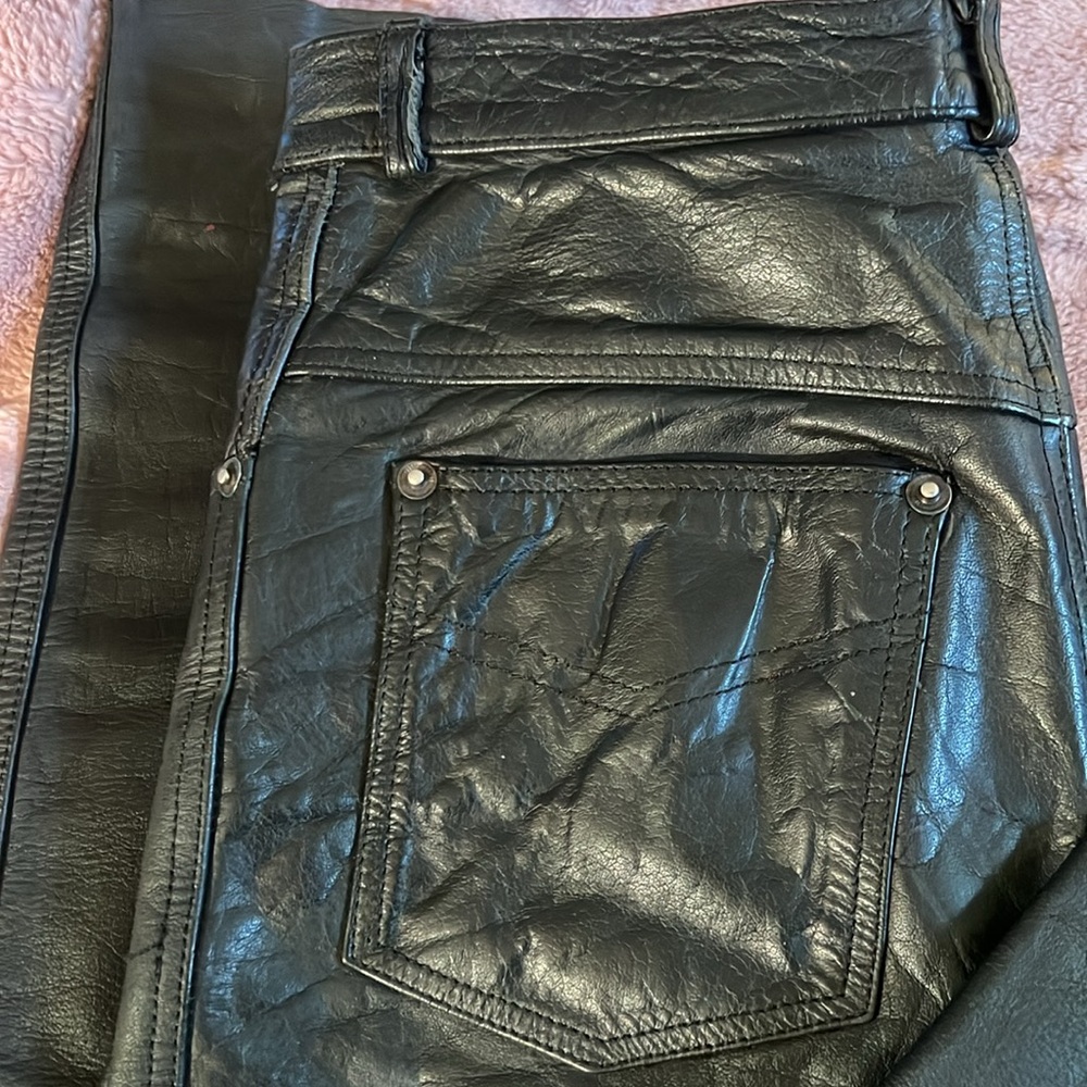 First Mfg Co Black Leather Motorcycle Biker Pants Low Rise Soft Milled Cowhide